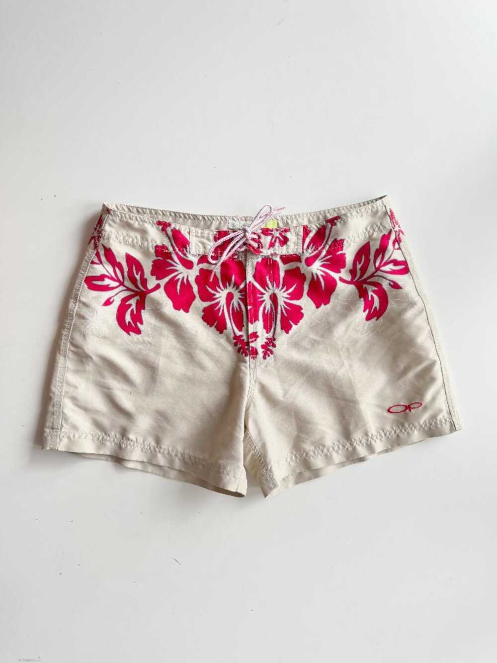 Vintage OP OCEAN PACIFIC Beige Red Hibiscus Floral Swim Board Shorts, Size L